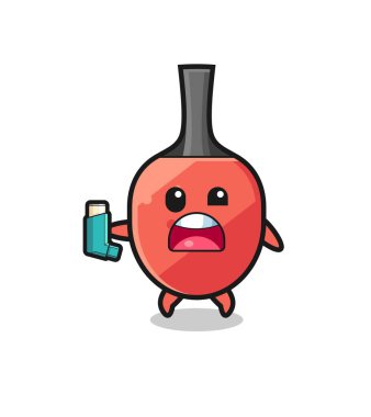 table tennis racket mascot having asthma while holding the inhaler , cute design
