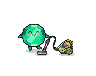 cute emerald gemstone holding vacuum cleaner illustration , cute design