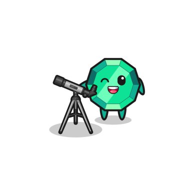 emerald gemstone astronomer mascot with a modern telescope , cute design