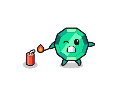 emerald gemstone mascot illustration playing firecracker , cute design
