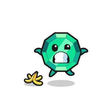 emerald gemstone cartoon is slip on a banana peel , cute design