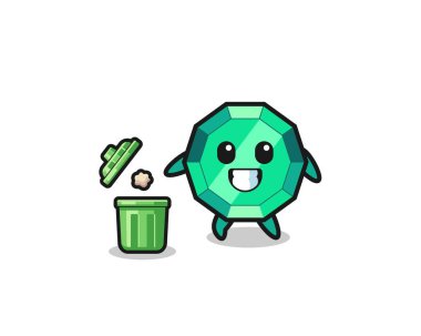 illustration of the emerald gemstone throwing garbage in the trash can , cute design