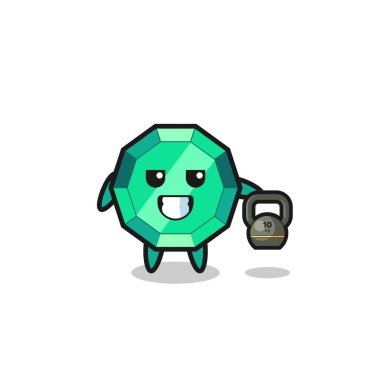 emerald gemstone mascot lifting kettlebell in the gym , cute design