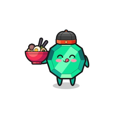 emerald gemstone as Chinese chef mascot holding a noodle bowl , cute design