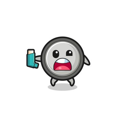 button cell mascot having asthma while holding the inhaler , cute design