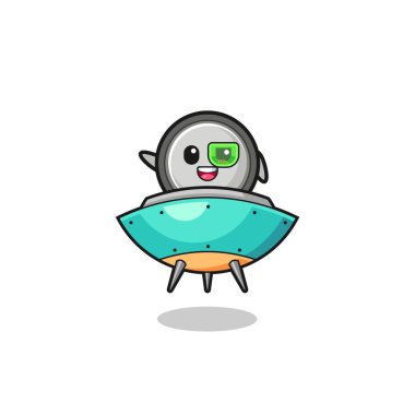 button cell cartoon riding a future spaceship , cute design