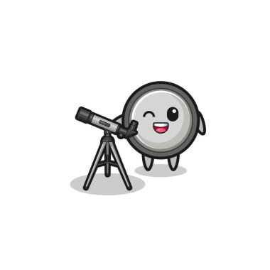 button cell astronomer mascot with a modern telescope , cute design