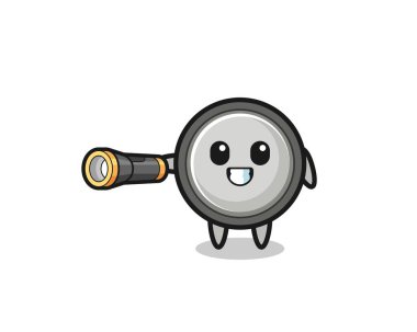 button cell mascot holding flashlight , cute design