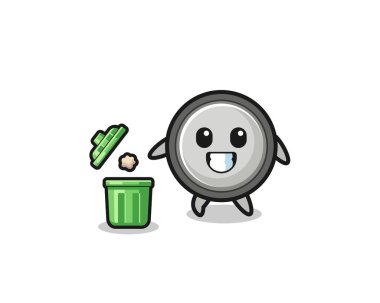illustration of the button cell throwing garbage in the trash can , cute design