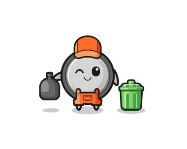 the mascot of cute button cell as garbage collector , cute design