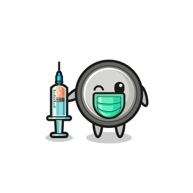 button cell mascot as vaccinator , cute design