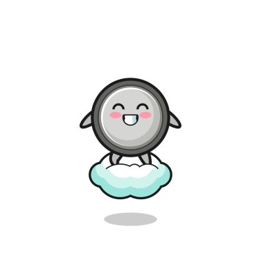 cute button cell illustration riding a floating cloud , cute design