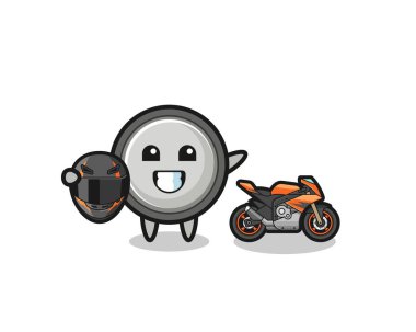 cute button cell cartoon as a motorcycle racer , cute design