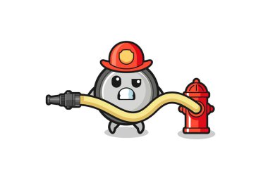 button cell cartoon as firefighter mascot with water hose , cute design