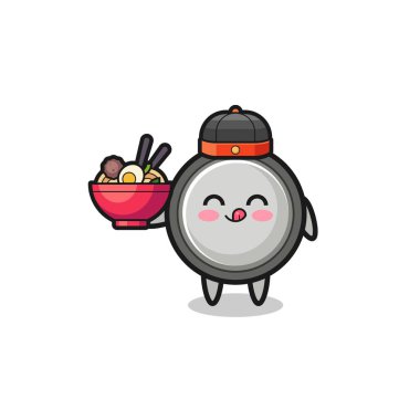 button cell as Chinese chef mascot holding a noodle bowl , cute design