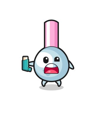 cotton bud mascot having asthma while holding the inhaler , cute design