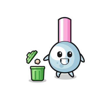 illustration of the cotton bud throwing garbage in the trash can , cute design