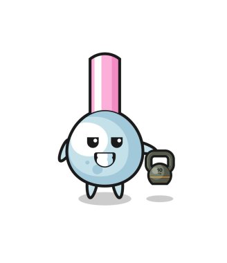 cotton bud mascot lifting kettlebell in the gym , cute design