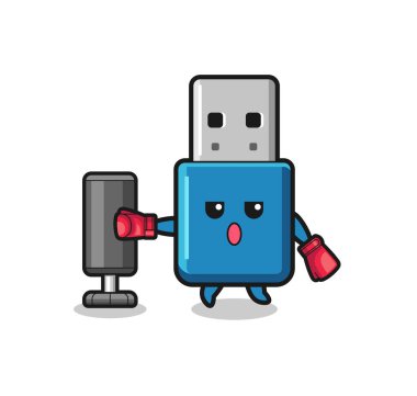 flash drive usb boxer cartoon doing training with punching bag , cute design
