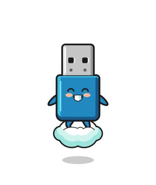cute flash drive usb illustration riding a floating cloud , cute design