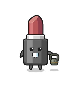 lipstick mascot lifting kettlebell in the gym , cute design