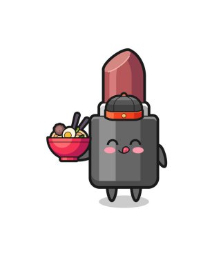 lipstick as Chinese chef mascot holding a noodle bowl , cute design