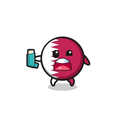 qatar flag mascot having asthma while holding the inhaler , cute design