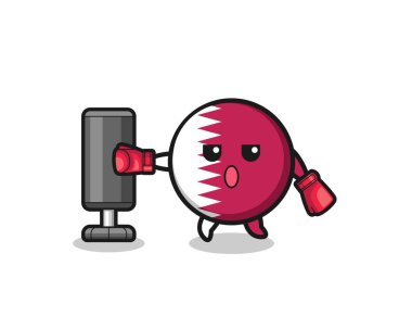 qatar flag boxer cartoon doing training with punching bag , cute design