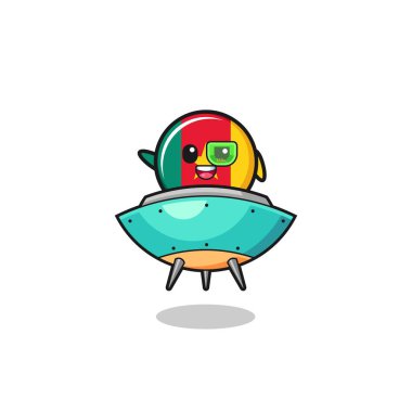 cameroon flag cartoon riding a future spaceship , cute design