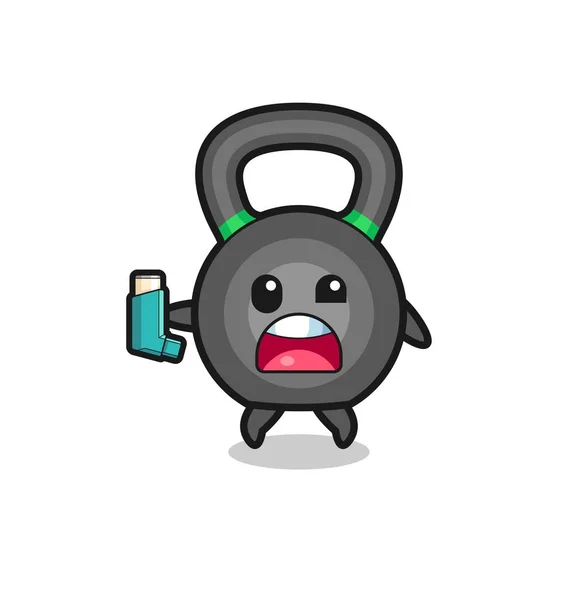 Kettlebell Mascot Having Asthma While Holding Inhaler Cute Design — Stock vektor