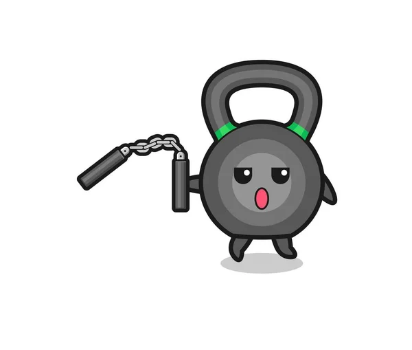 Cartoon Kettlebell Using Nunchaku Cute Design — Vetor de Stock