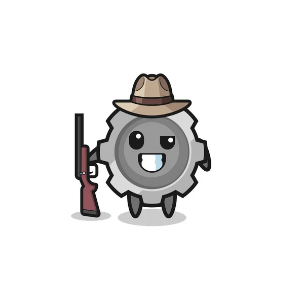 Gear Hunter Mascot Holding Gun Cute Design — Vettoriale Stock