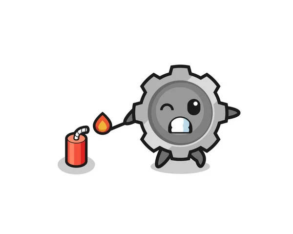 Gear Mascot Illustration Playing Firecracker Cute Design - Stok Vektor