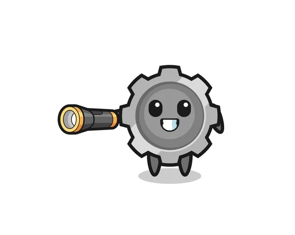 Gear Mascot Holding Flashlight Cute Design — Stockvektor