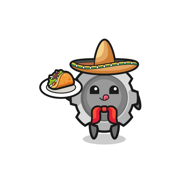 Gear Mexican Chef Mascot Holding Taco Cute Design — Stock vektor