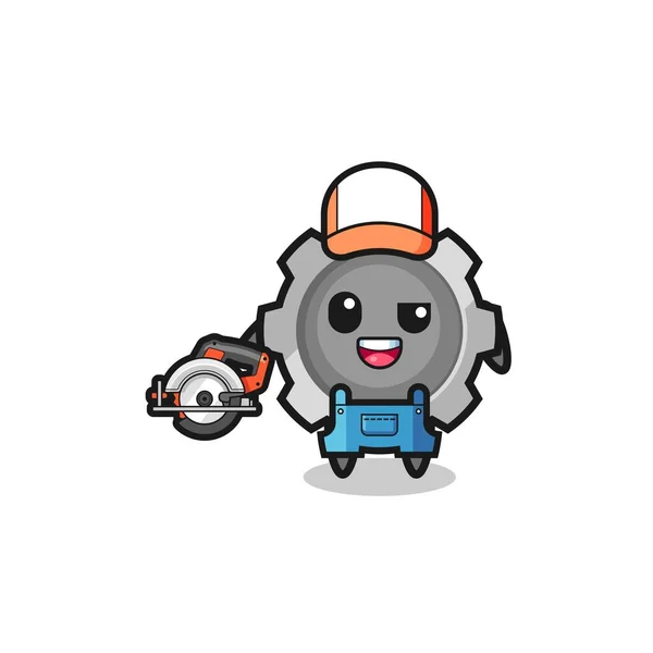 Woodworker Gear Mascot Holding Circular Saw Cute Design — Stockový vektor