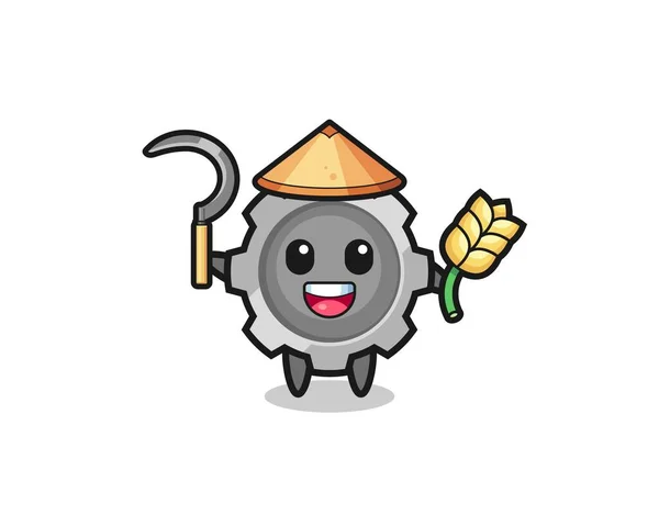 Gear Asian Farmer Holding Paddy Cute Design — Wektor stockowy