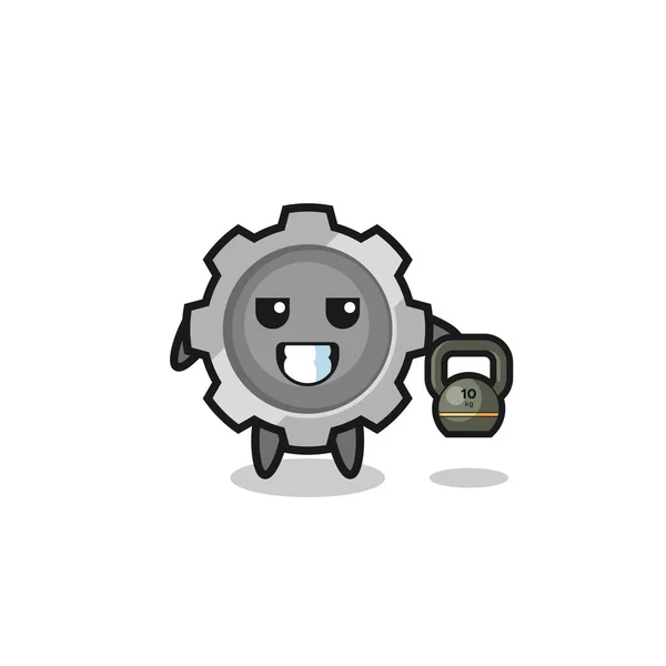 Gear Mascot Lifting Kettlebell Gym Cute Design — стоковый вектор