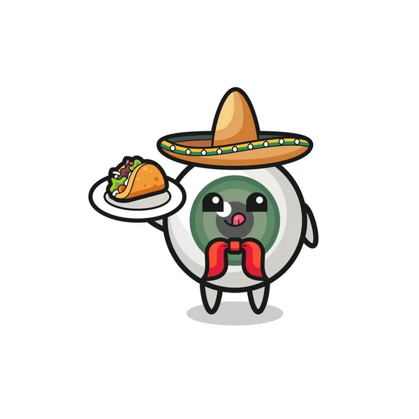 メキシコ人シェフのマスコットがタコスを持っていてかわいいデザイン — ストックベクタ