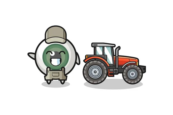 Eyeball Farmer Mascot Standing Tractor Cute Design — Vettoriale Stock