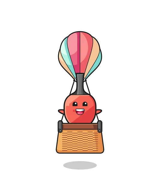 Table Tennis Racket Mascot Riding Hot Air Balloon Cute Design — Stock Vector