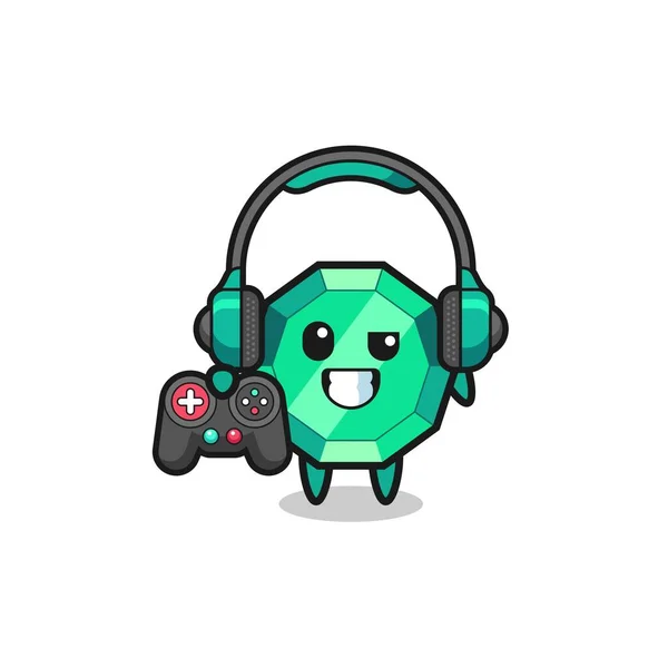 Emerald Gemstone Gamer Mascot Holding Game Controller Cute Design — Stok Vektör