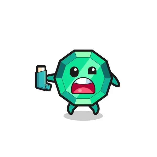 Emerald Gemstone Mascot Having Asthma While Holding Inhaler Cute Design — Wektor stockowy