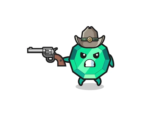 Emerald Gemstone Cowboy Shooting Gun Cute Design — Stok Vektör