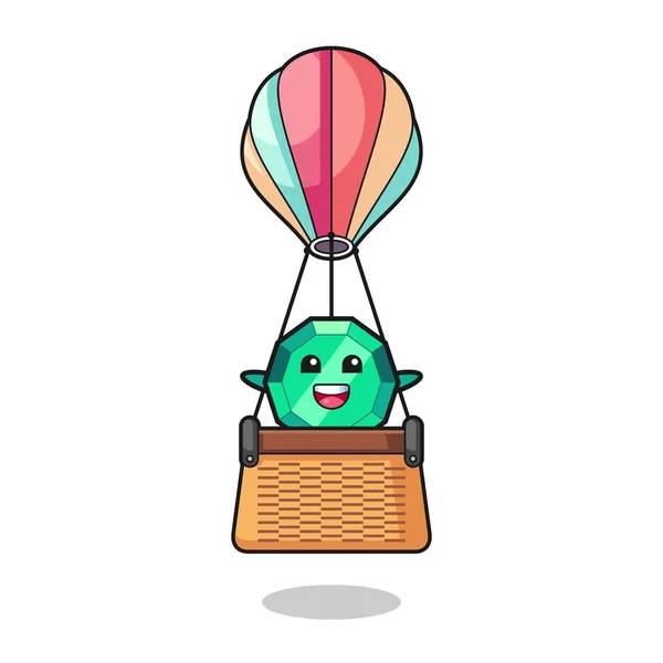 熱気球に乗ってエメラルドの宝石のマスコット かわいいデザイン — ストックベクタ