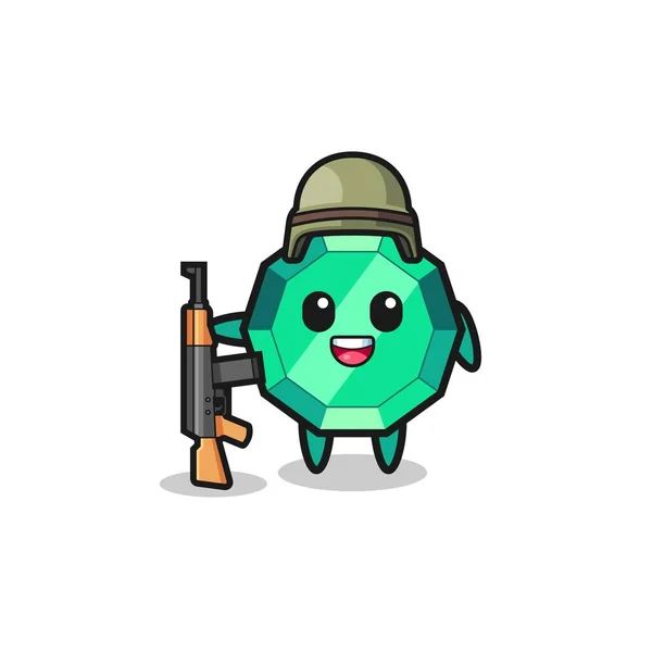 Cute Emerald Gemstone Mascot Soldier Cute Design — Stock vektor
