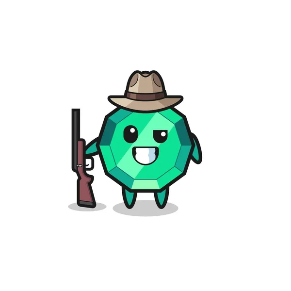 Emerald Gemstone Hunter Mascot Holding Gun Cute Design — стоковый вектор