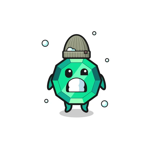 Cute Cartoon Emerald Gemstone Shivering Expression Cute Design — Vetor de Stock