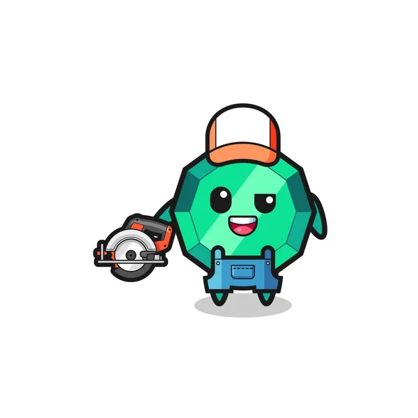 Woodworker Emerald Gemstone Mascot Holding Circular Saw Cute Design — Archivo Imágenes Vectoriales