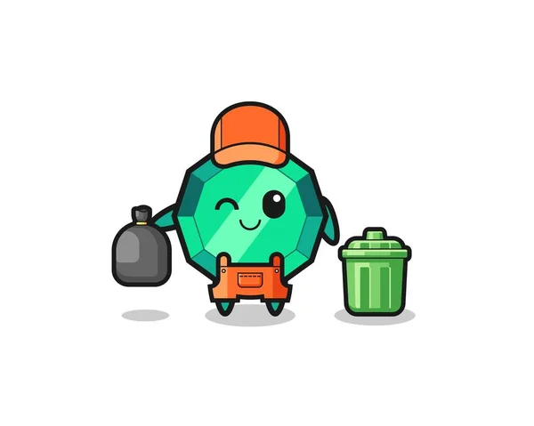 Mascot Cute Emerald Gemstone Garbage Collector Cute Design — Stok Vektör